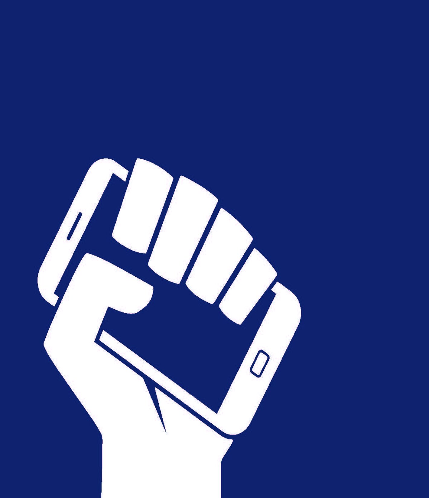 Blue background with a white fist holding a cell phone