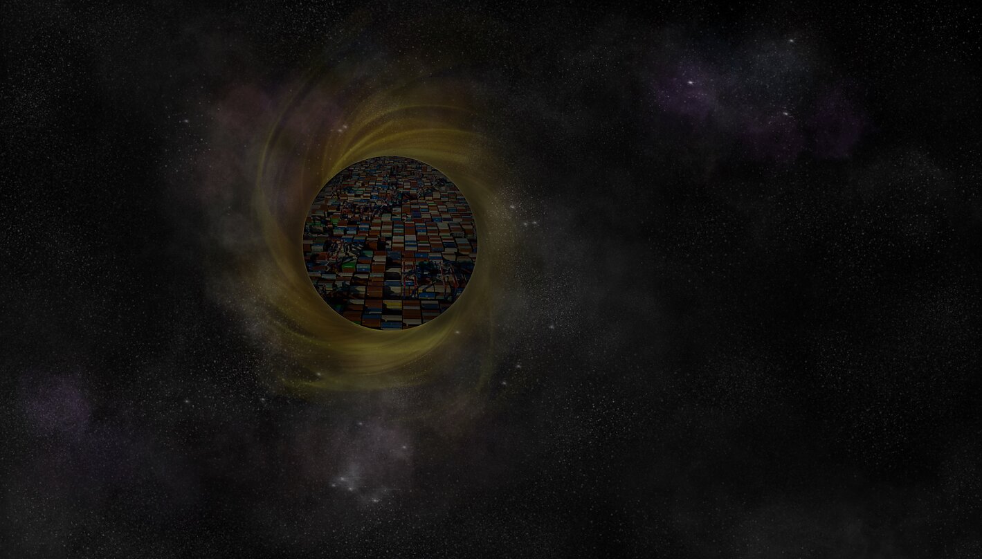Digital illustration of a black hole with shipping containers in the middle
