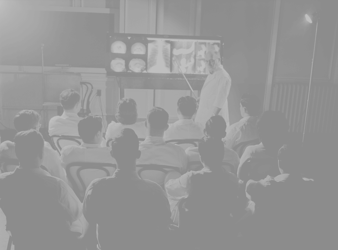 A lecture using x-rays at a medical facility, USA, circa 1950.