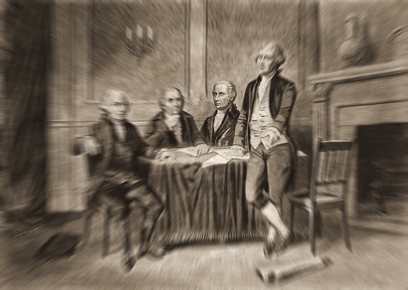 Blurred illustration of four Founding Fathers, with Hamilton in focus.