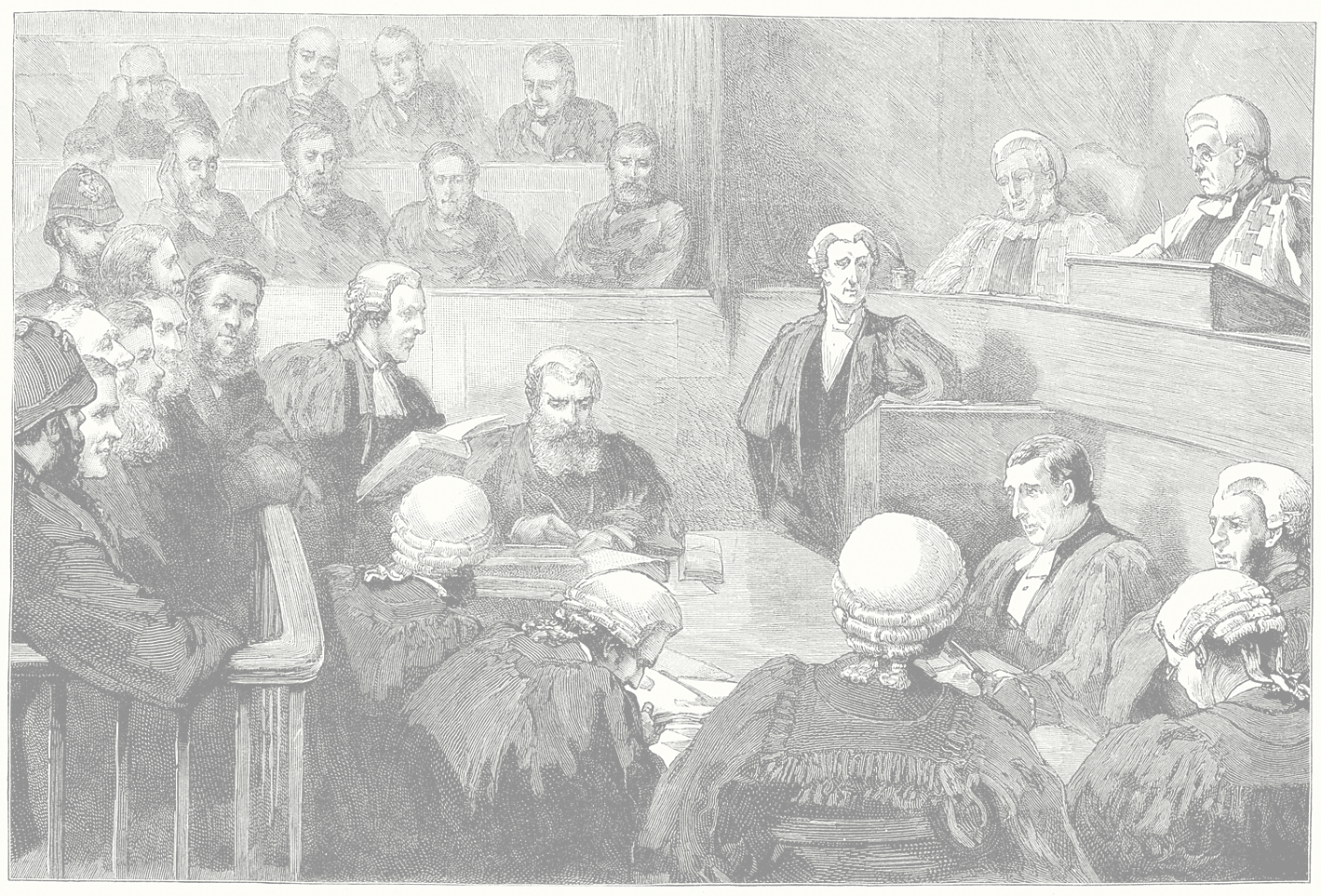 Cato Courses BG - Trial of the Lewis Deer Raiders at Edinburgh, Victorian courtroom justice, Judge, 19th Century - stock illustration