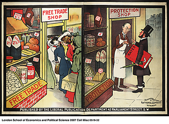 A political cartoon showing a busy free trade shop next to a protection shop with Abraham Lincoln lecturing shop owner on rates.