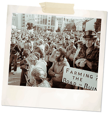 Polaroid of a 1986 protest by New Zealand farmers in Wellington, NZ