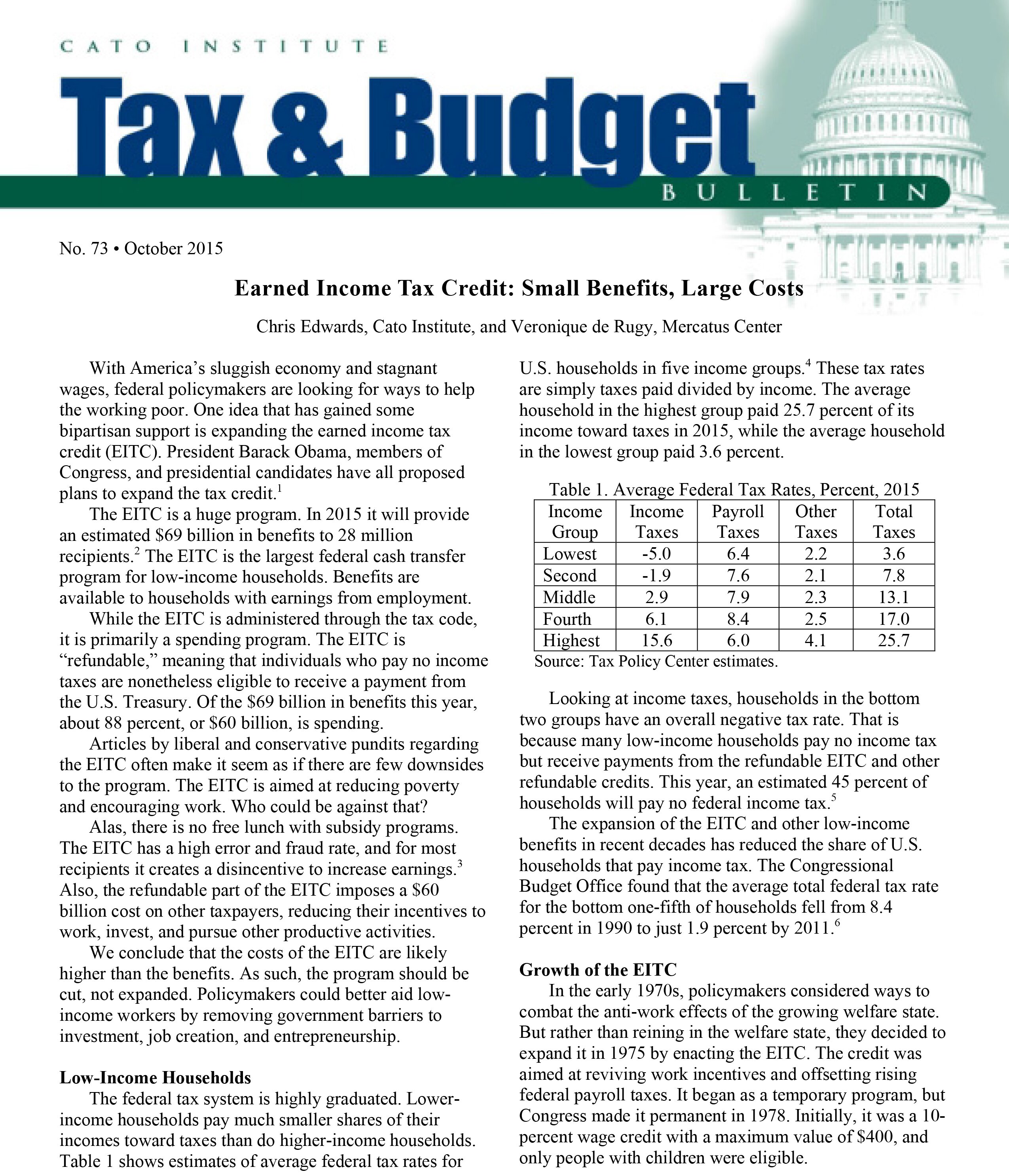 Earned Income Tax Credit Small Benefits Large Costs Cato