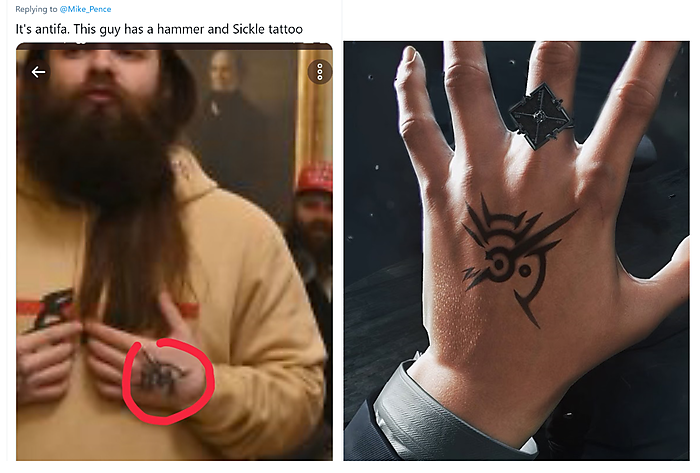 The misidentified tattoo (left) and the 'Outsider's Mark' from the video game Dishonored (right)