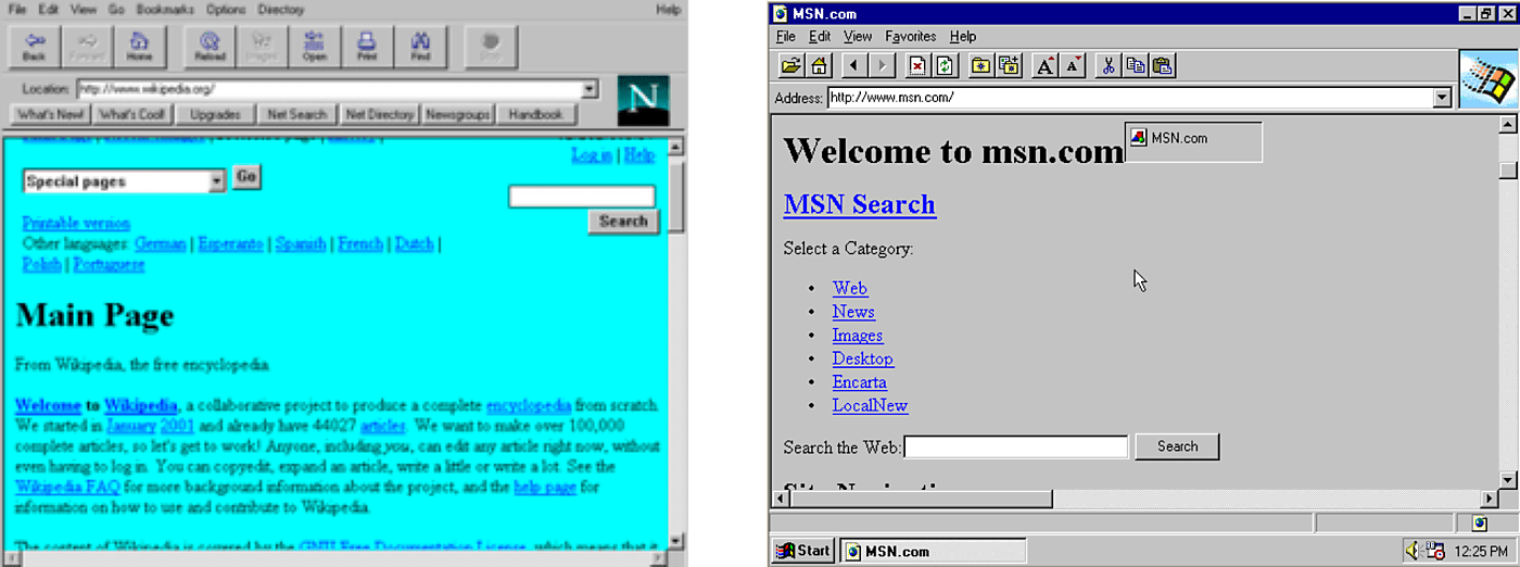 An Original Netscape Browser Window Next to an Original IE Browser Window