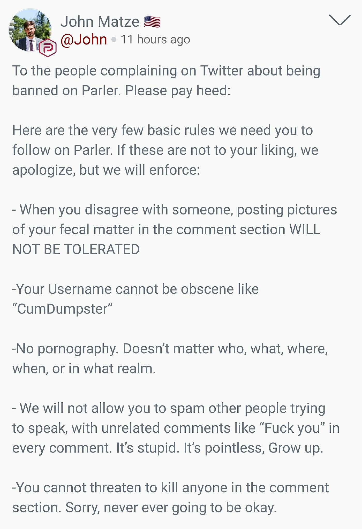 Rules posted by Parler's John Matze