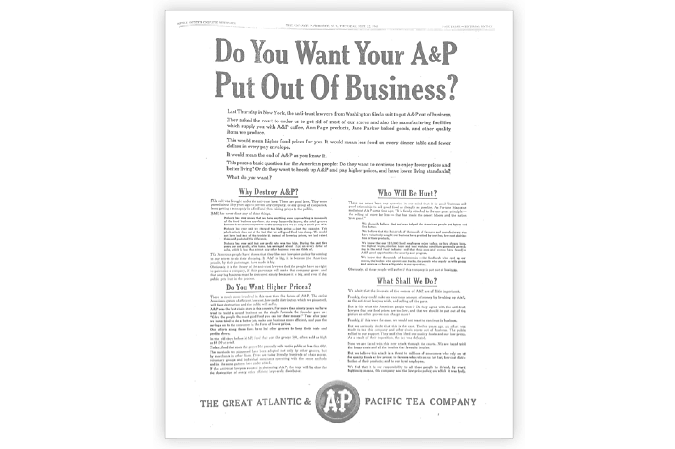 "Do You Want Your A&P Put Out of Business?" Newspaper Advertisement