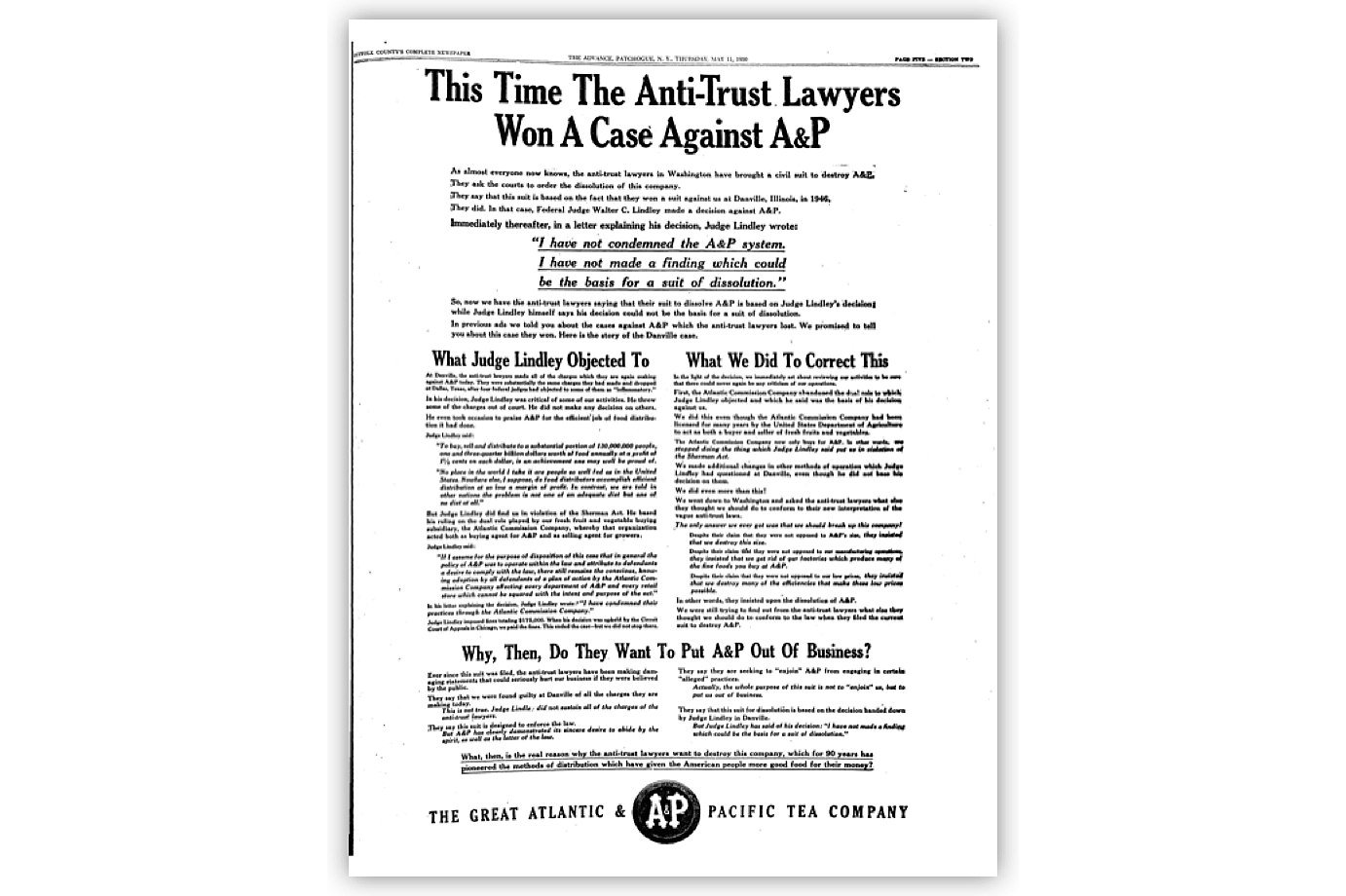 "This Time The Anti-Trust Lawyers Won A Case Against A&P" Newspaper Ad