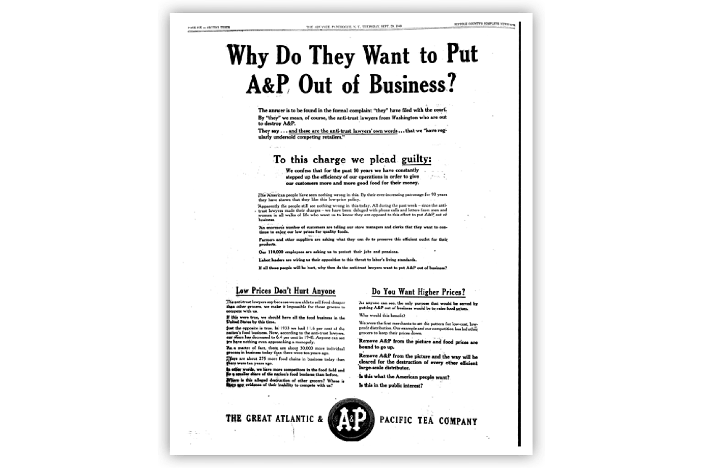 "Why Do They Want to Put A&P Out of Business?" Newspaper Ad