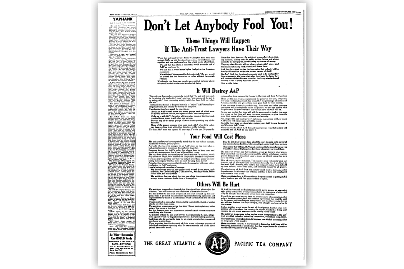 "Don't Let Anybody Fool You!" Newspaper Ad for A&P