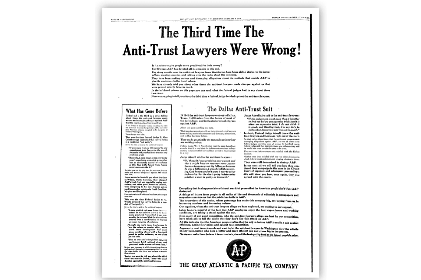 "The Third Time the Anti-Trust Lawyers Were Wrong!" Ad