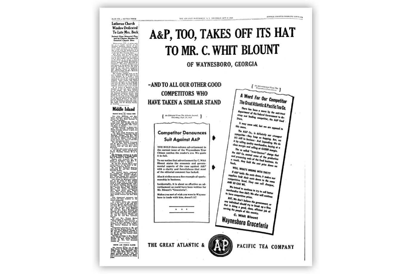 "A&P Too, Takes Off Its Hat to Mr. C. Whit Blount" Newspaper Ad