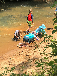 Kids playing in the creek.