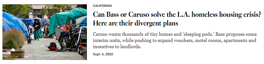 Screenshot of a headline that reads, "Can Bass or Caruso solve the L.A. homeless housing crisis? Here are their divergent plans."