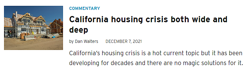 Screenshot of a headline that reads, "California housing crisis both wide and deep."