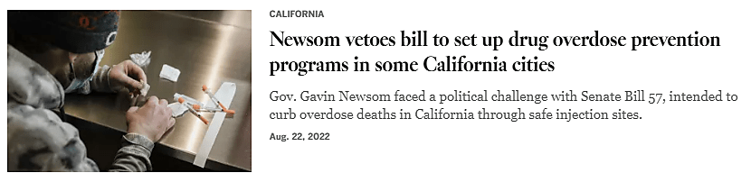 Screenshot of a headline that reads, "Newsom vetoes bill to set up drug overdose prevention programs in some California cities."