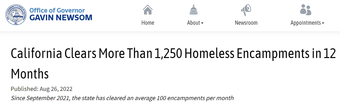 Screenshot of a headline that reads, "California clears more than 1,250 homeless encampments in 12 months"