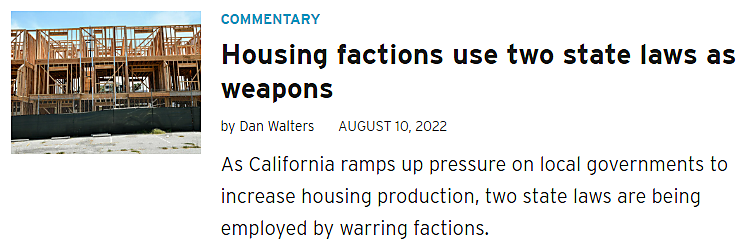 Screenshot of a headline that reads, "Housing factions use two state laws as weapons."