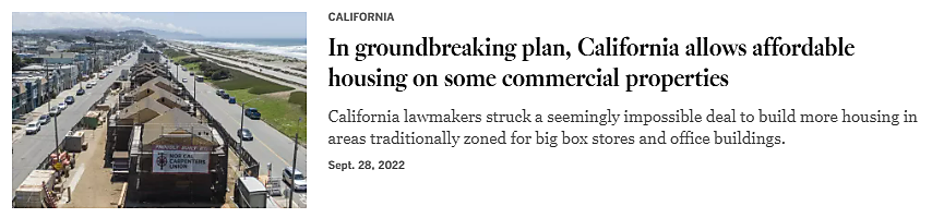 Screenshot of a headline that reads, "In groundbreaking plan, California allows affordable housing on some commercial properties."