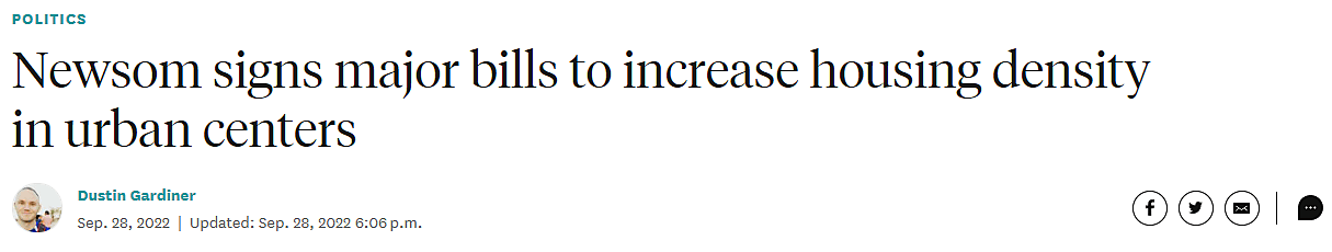Screenshot of a headline that reads, "Newsom signs major bills to increase housing density in urban centers."