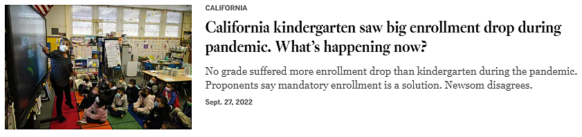 Screenshot of a headline that reads, "California kindergarten saw big enrollment drop during pandemic. What's happening now?"