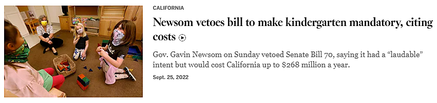 Screenshot of a headline that reads, "Newsom vetoes bill to make kindergarten mandatory, citing costs."