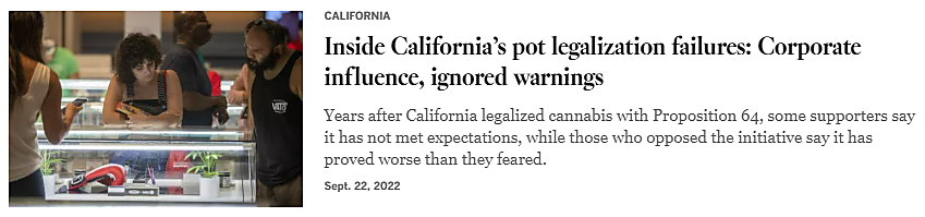 Screenshot of a headline that reads, "Inside California's pot legalization failures: Corporate influence, ignored warnings."