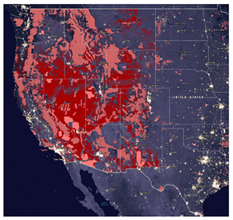 “Western States’ Population Centers at Night and Federal Land, 2021”