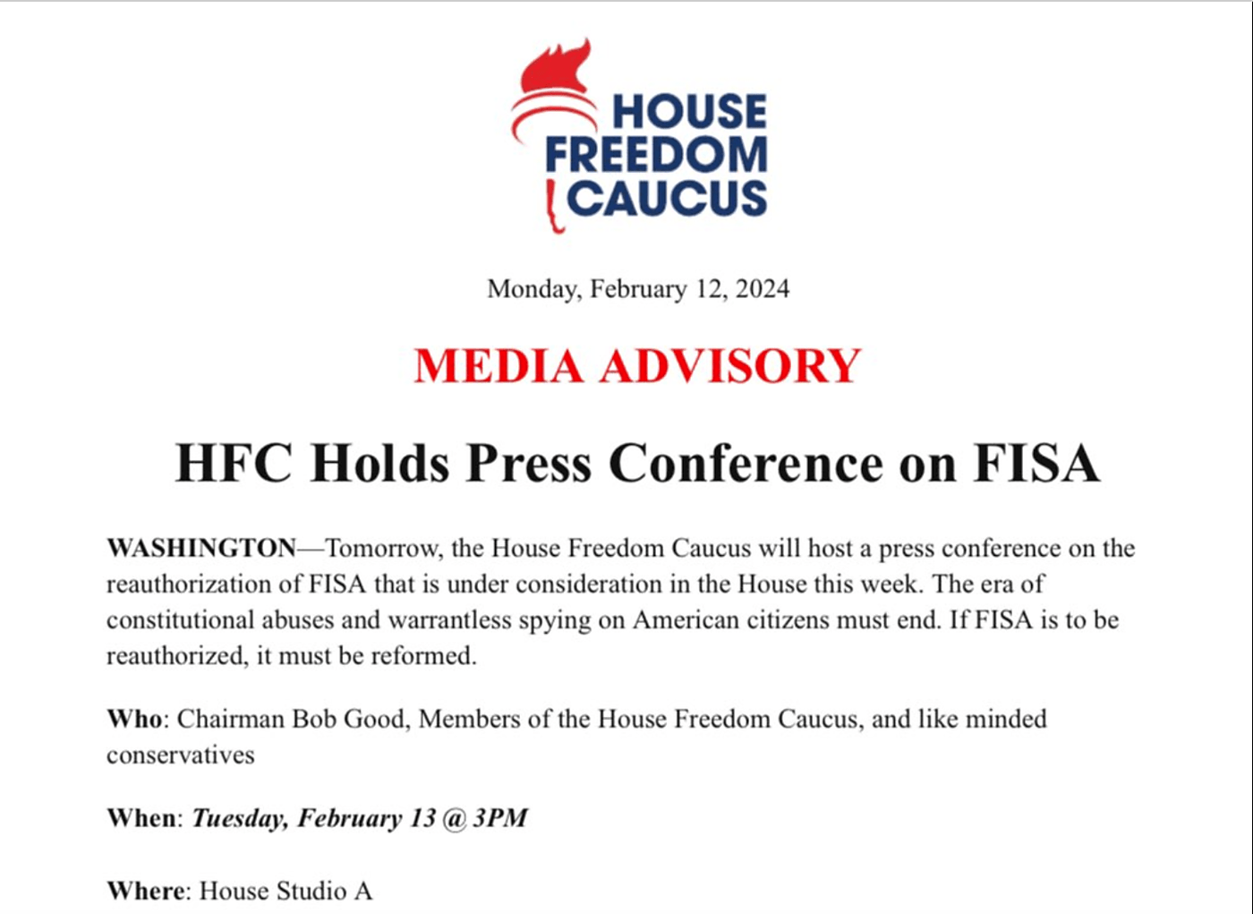 HFC FISA press conference announcement for 2/13/24