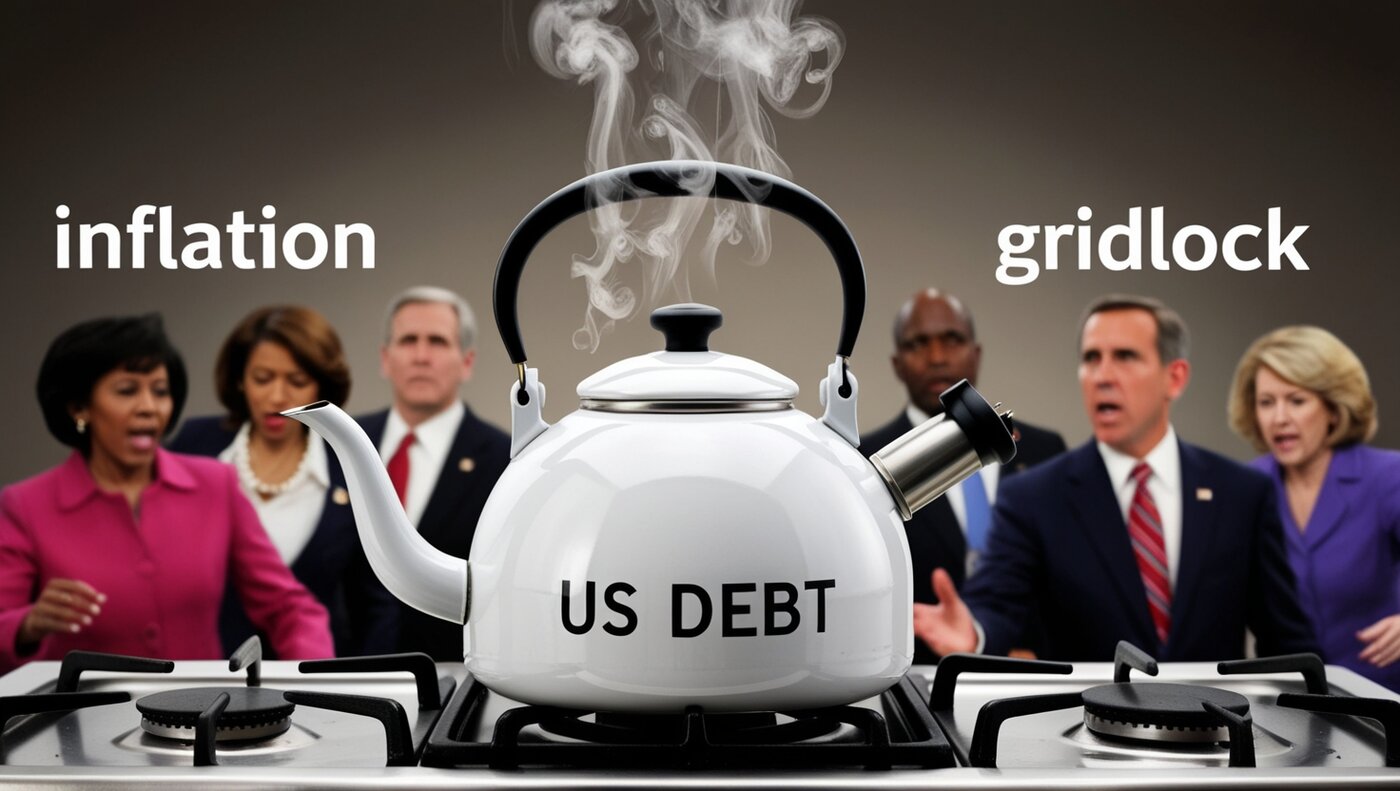 Six congress members in the background of a kettle with US Debt written on it.