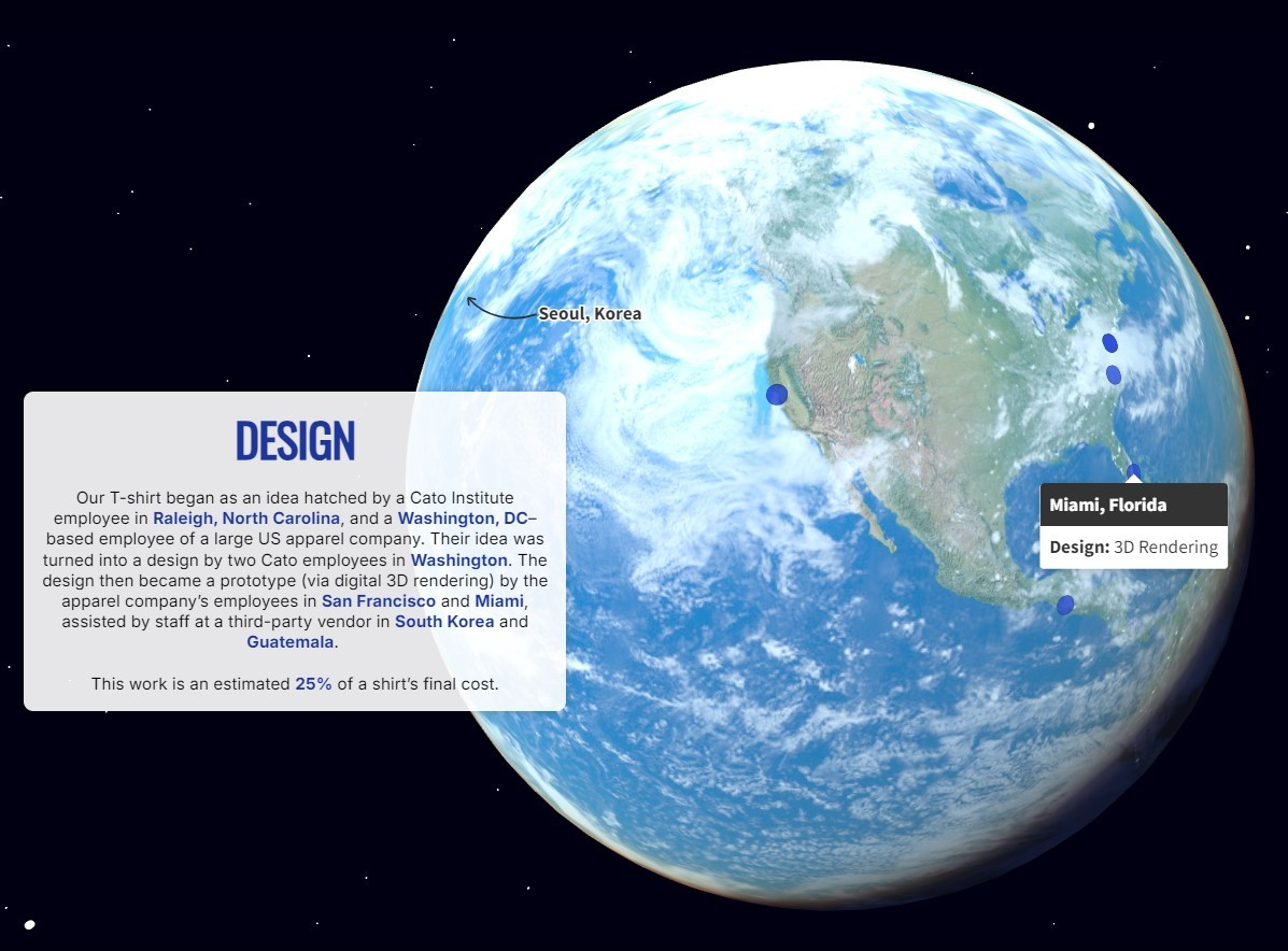 Screenshot of an interactive globe showing the cities where the t-shirt's design took place. Miami, FL is shown for greater detail.