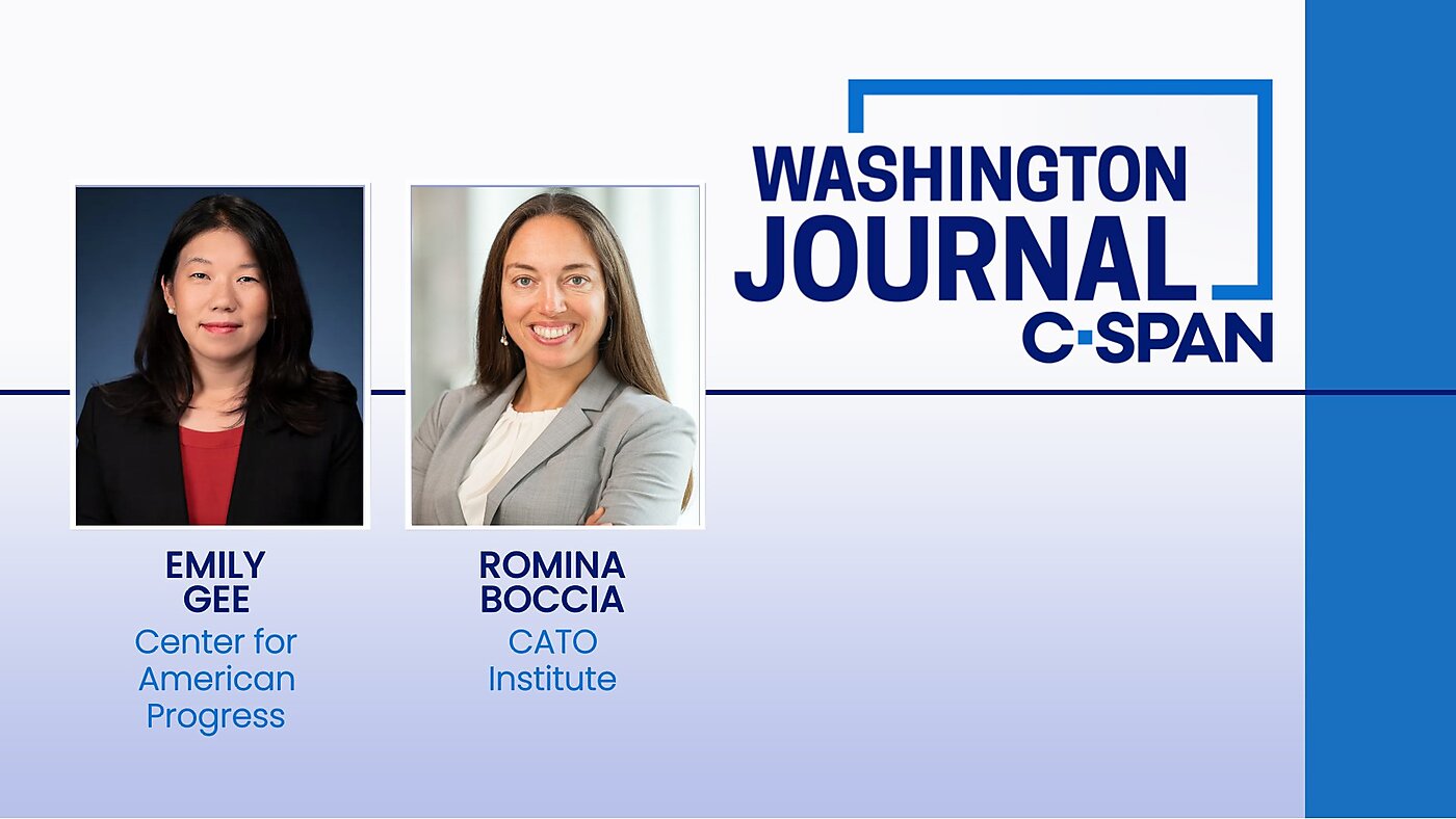 A Washington Journal poster featuring two speakers, Emily Gee and Romina Boccia.