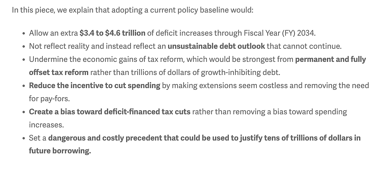 A screenshot of six bullets summarizing the risks of a current policy baseline