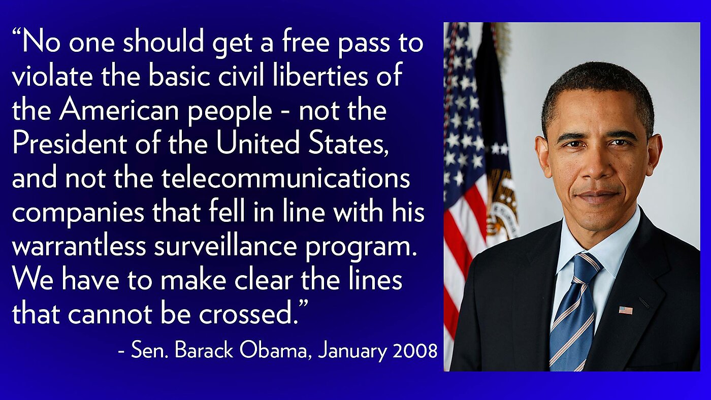 Picture of Barack Obama and 2008 quote from him on telecom immunity