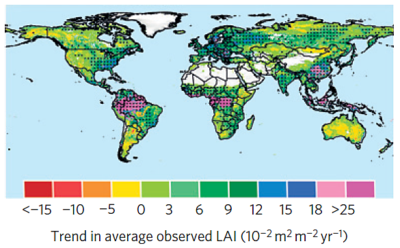 Figure 1. Observed trends in leaf area index (LAI)—a measure of the quantity, density and health of vegetation during the growing season from 1982-2009. Positive trends indicate “greening,” negative trends indicate “browning.” The world is bathed in shades of green and blue. Source: Zhu et al., 2016.