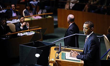 Barack Obama speaks at the UN general assembly. Photo: Jeff Zelevansky/Getty