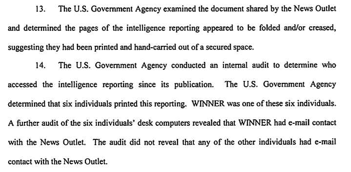 Extract of arrest warrant affidavit in the case of Reality Leigh Winner
